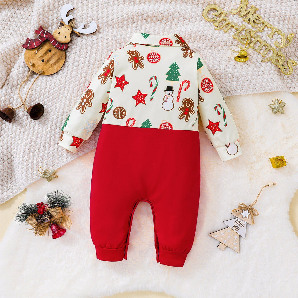 0-18M Baby Boy Onesies Christmas Patchwork Cartoon Pine Stars Print Bow Tie Long Sleeve Romper Wholesale Baby Clothing - PrettyKid