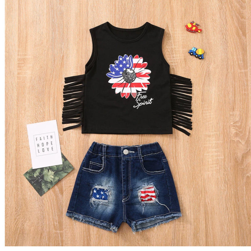 18M-6Y Toddler Girls Sets Independence Day Fringed Flower Tank Tops & Ripped Denim Shorts
