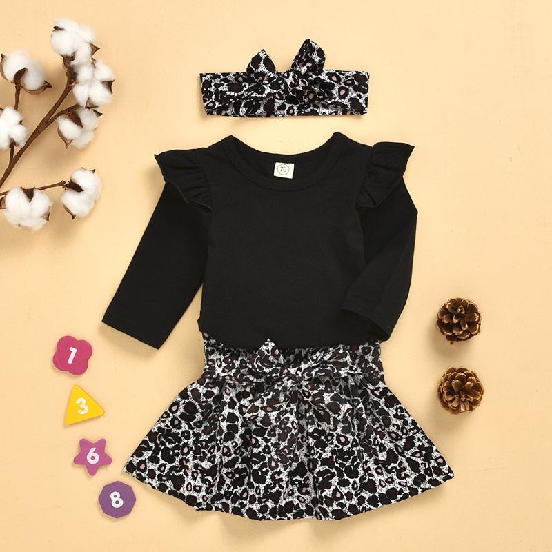 Solid Bodysuit and Leopard Dress with Headband Set Wholesale children's clothing - PrettyKid