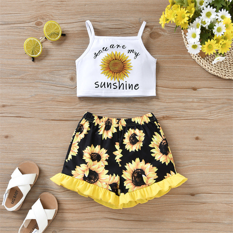 18M-6Y Toddler Girls Sets You Are My Sunshine Sunflower Print Cami Top & Shorts Wholesale Girls Clothes