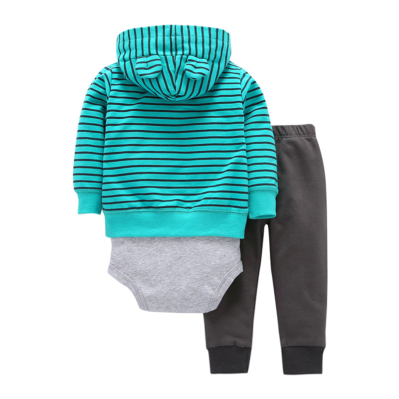 Autumn/Winter Baby Long Sleeve Hooded Green Stripe Coat Sweater Pants Three Piece Set Wholesale Baby Clothes Online - PrettyKid