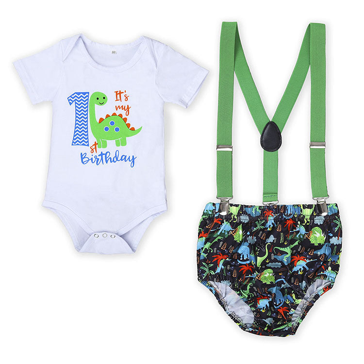 6-24M Baby Girls Birthday Dinosaur Print Bodysuit & Suspender Briefs Wholesale Baby Clothes - PrettyKid