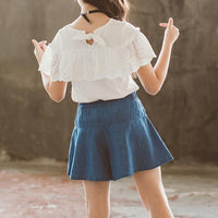 Girl Ruffle Top & Bowknot Denim Shorts - PrettyKid