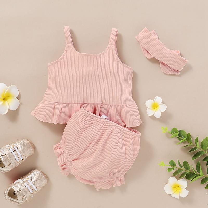 Baby Girl 3pcs Solid Color Cami Top & Shorts & Headband - PrettyKid