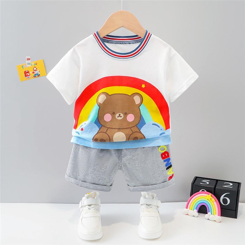 Toddler Boy Rainbow Bear Print T-shirt & Letter Shorts - PrettyKid