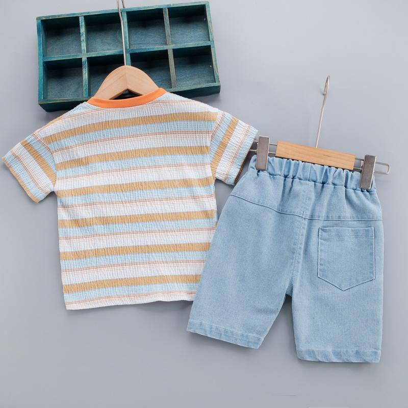 Grow Boy Color Stripes Frog Patten Top & Denim Shorts - PrettyKid