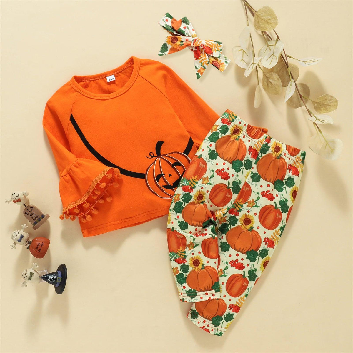 Toddler Girls Solid Pumpkin Print Top Pants Hair Band Halloween Three Piece Set - PrettyKid