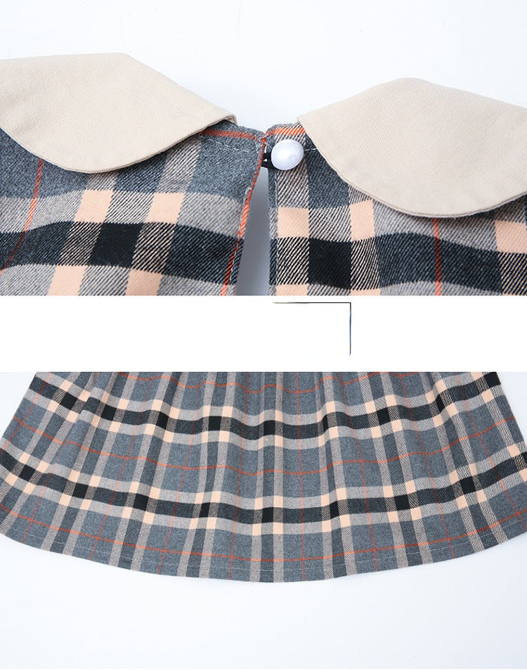 Girls Spring and Autumn Plaid Printed Doll Neck Long Sleeve Pleated Dress Chain Bear Bag Set - PrettyKid
