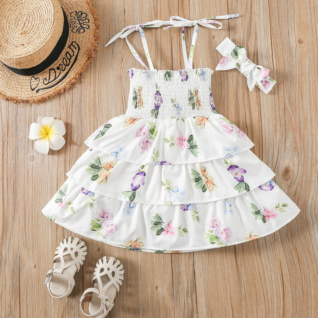9months-5years Toddler Girl Dresses Children's Clothing Two-Piece Set Girls New Floral Suspender Dress & Headband - PrettyKid