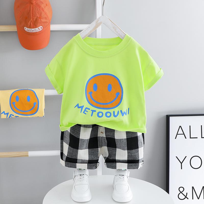 2pcs Fashion Color-block Smile Print T-shirt and Plaid Pants - PrettyKid