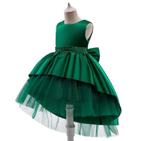 Girl Solid Color Bow Decor Sleeveless Mesh Hem Formal Dress - PrettyKid