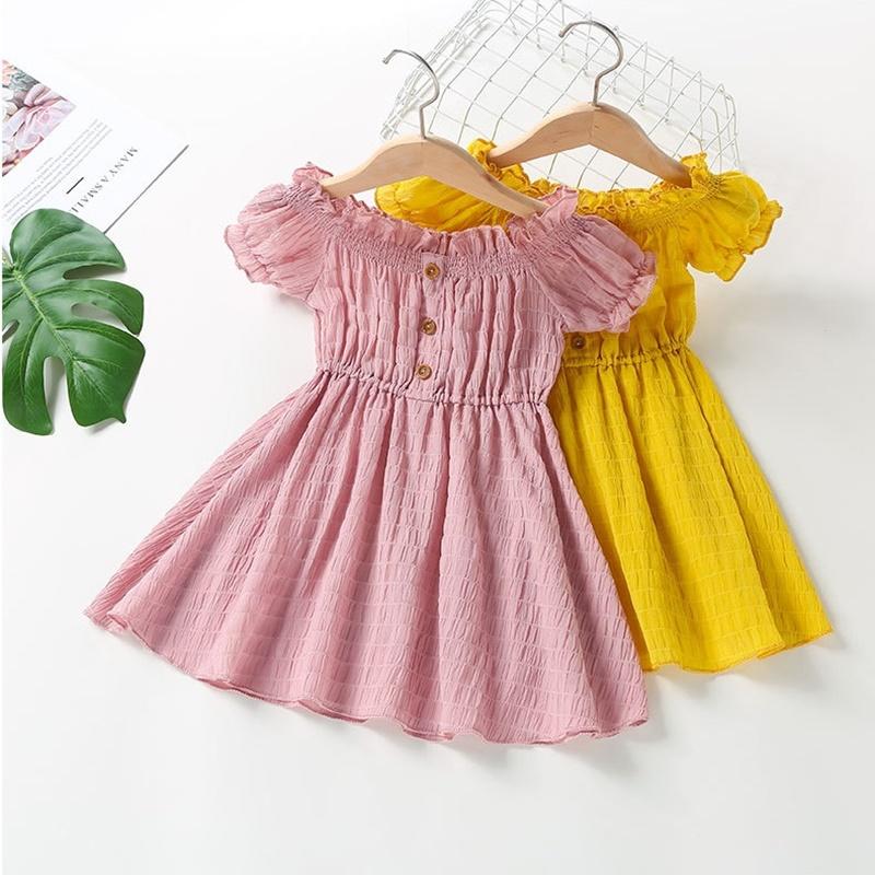 Toddler Girl Solid Color Puff Sleeve Dress Wholesale Children's Clothing - PrettyKid