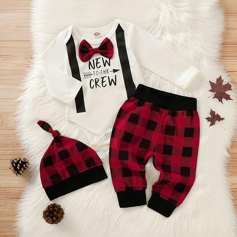 3-piece Cute Letter Bowknot Bodysuit and Plaid Pants Set Wholesale children's clothing - PrettyKid