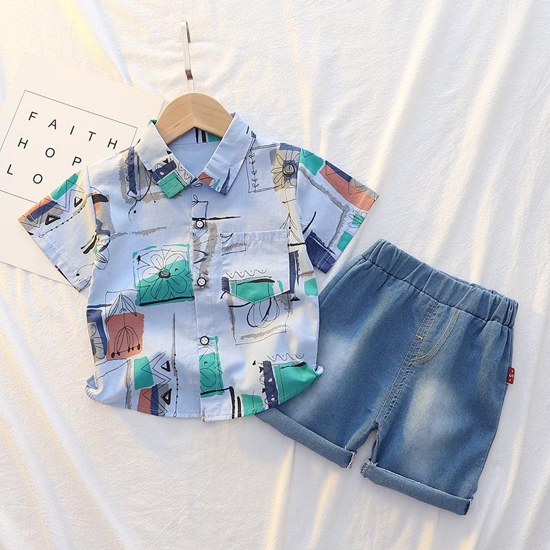 Toddler Boy Abstract Flower Shirt & Denim Shorts - PrettyKid