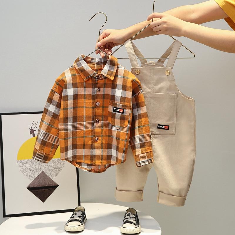 2-piece Plaid Shirt & Solid Dungarees for Children Boy - PrettyKid