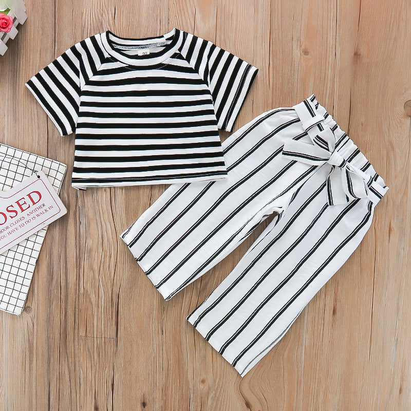 9M-5Y Toddler Girls Clothing Sets Striped T-Shirts & Belted Pants Wholesale Girls Fashion Clothes - PrettyKid