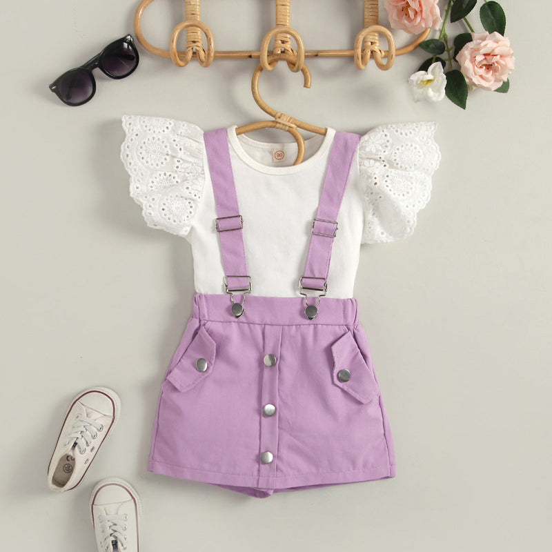 18months-6years Toddler Girl Sets Solid Color Flying Sleeves Round Neck Top Suspenders Shorts Two-Piece Set - PrettyKid