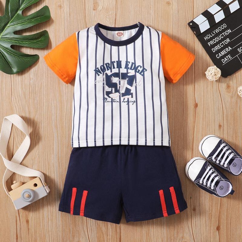 Toddler Boy Letter Print Striped T-shirt & Shorts - PrettyKid