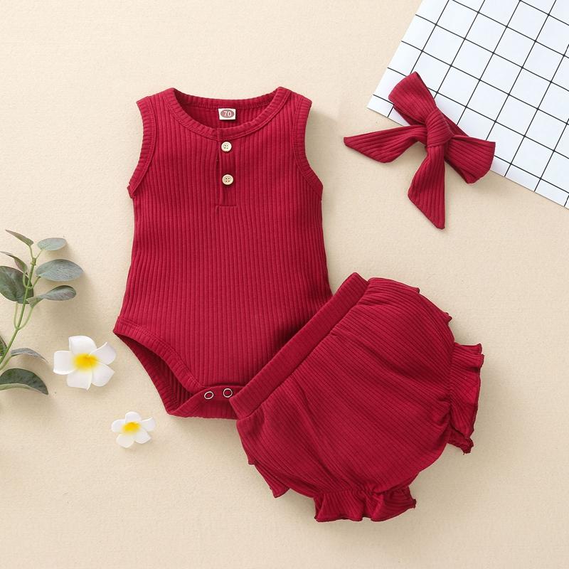 Baby Girl 3pcs Solid Pattern Suit Bodysuit & Short & Headhand - PrettyKid