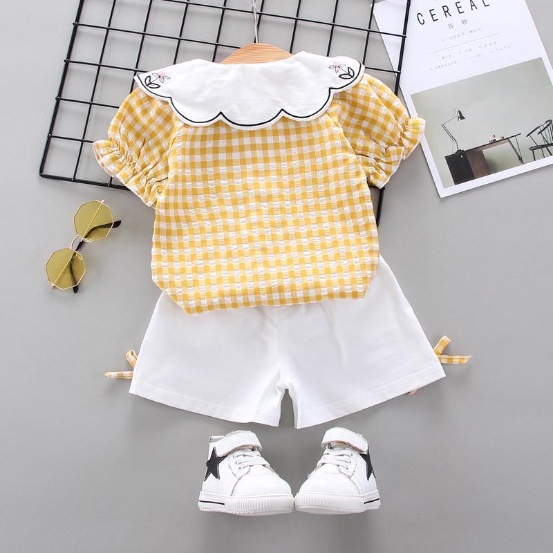 Toddler Girl Irregular Collar Check Top & Bow Element Shorts Wholesale Children's Clothing - PrettyKid