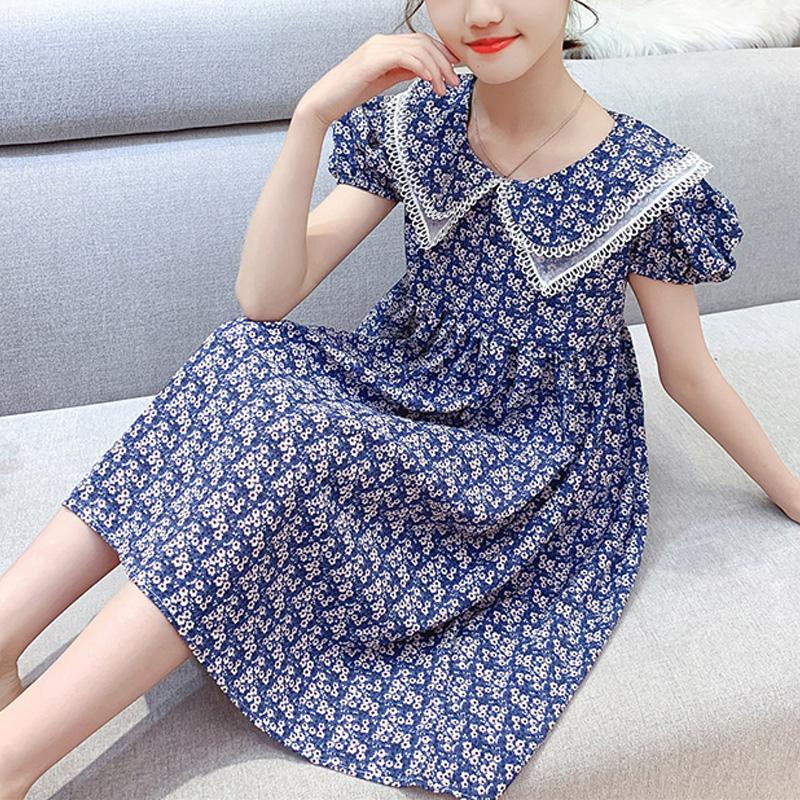 Kid Girl Puff Sleeve Lapel Print Chiffon Dress - PrettyKid