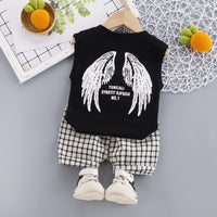 Toddler Boy Letter Print Wing Pattern Sleeveless Top & Plaid Shorts - PrettyKid