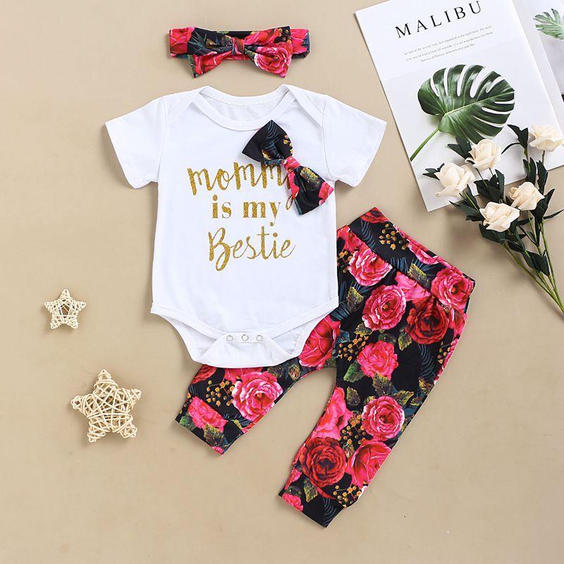 3-piece Letter Pattern Bodysuit & Floral Printed Pants & Headband for Baby Girl - PrettyKid