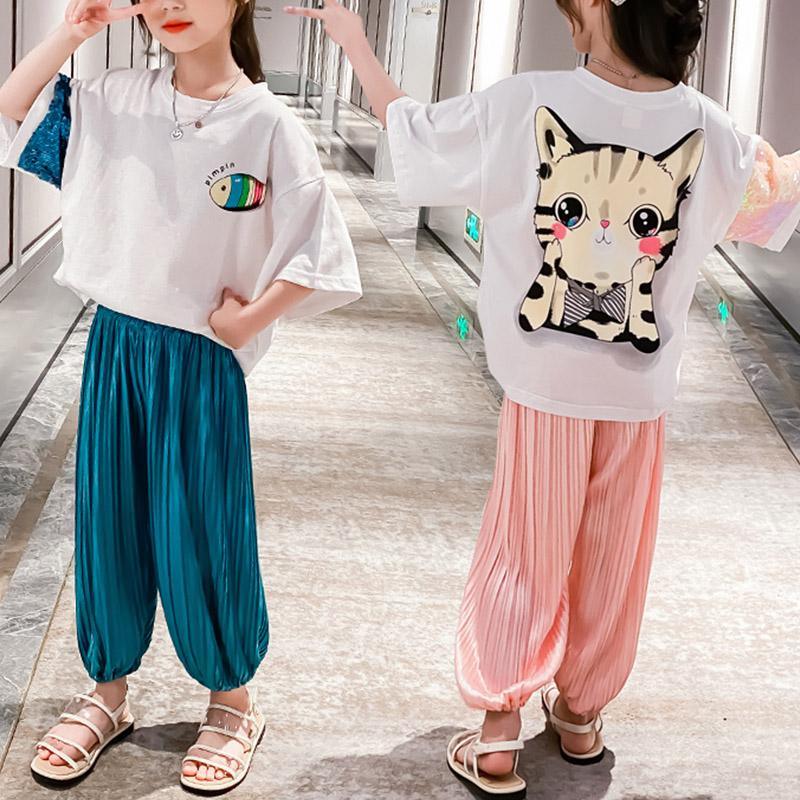 Kid Girl Catoon Cat Patten Top & Pleated pants Children's Clothing - PrettyKid