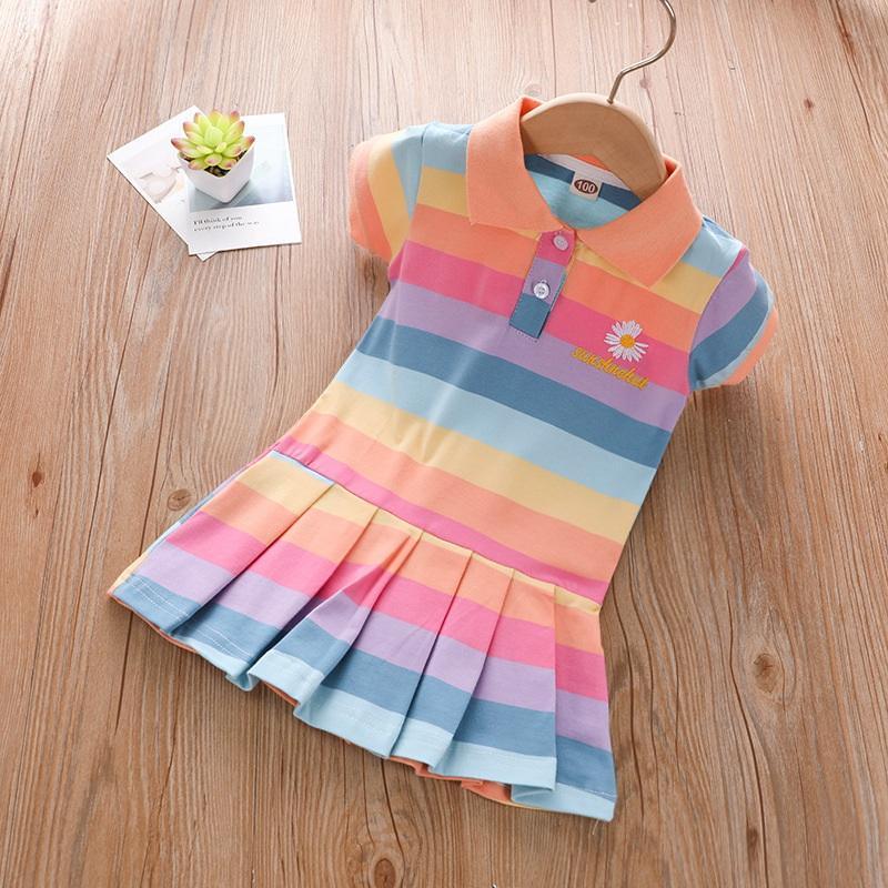 Toddler Girl Polo Collar Rainbow Dress Children's Clothing - PrettyKid