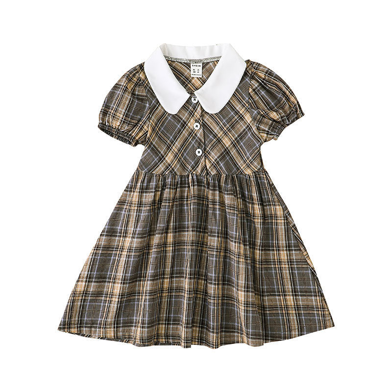 3-7Y Toddler Girl Spring Clothes Doll Collar Plaid Half-Button Dresses - PrettyKid