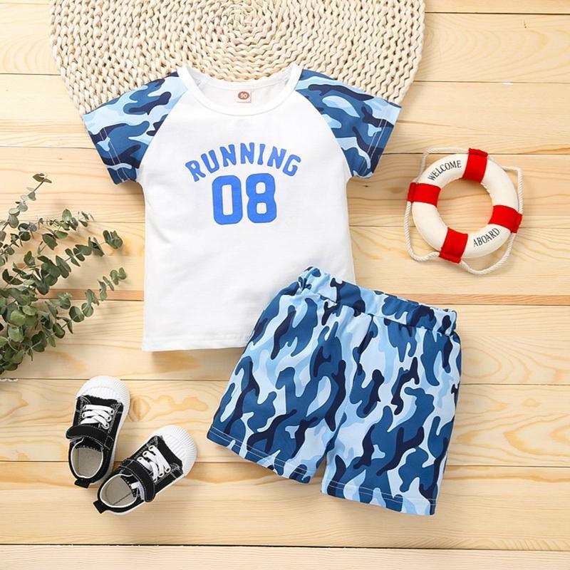 Toddler Boy Letter Print Camouflage T-shirt & Shorts - PrettyKid