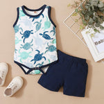 New Born Baby Boy Turtle Print Bodysuit & Solid Color Shorts - PrettyKid