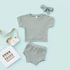 6-24M Baby Girl Outfit Sets Solid Color Pit Strip Short Sleeve Headband Wholesale Baby Clothes - PrettyKid