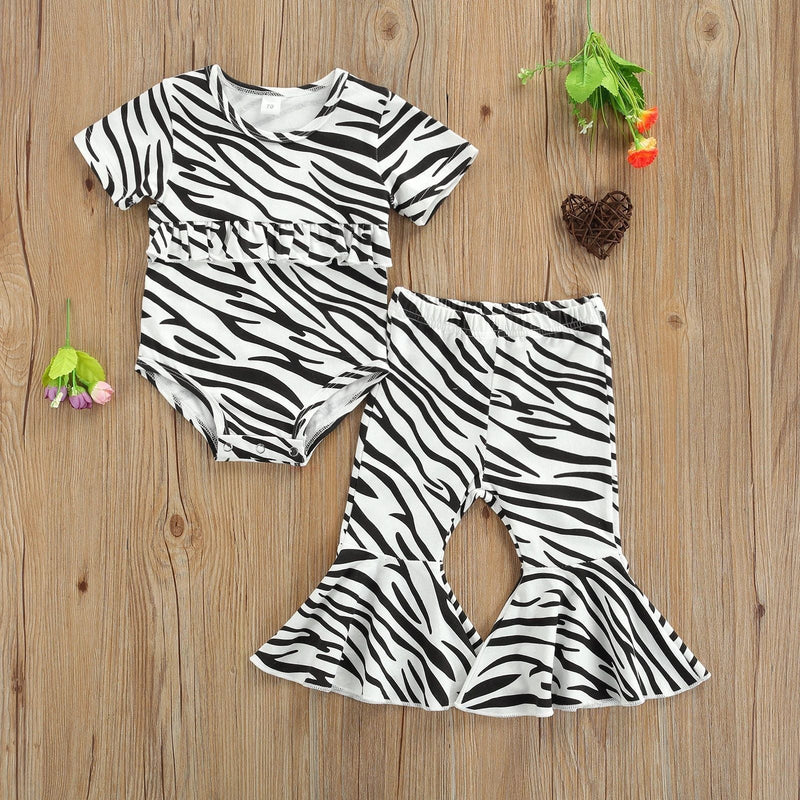 6-24M Baby Girls Sets Zebra Leopard Print Bodysuit & Flared Pants Wholesale Baby Boutique Clothing - PrettyKid