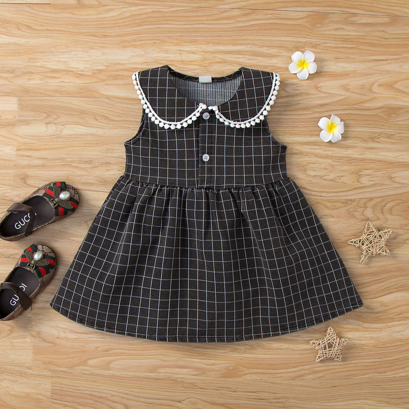 6-24months Baby Boutique Dresses Sleeveless Plaid Doll Collar Stitching Baby Clothes In Bulk - PrettyKid