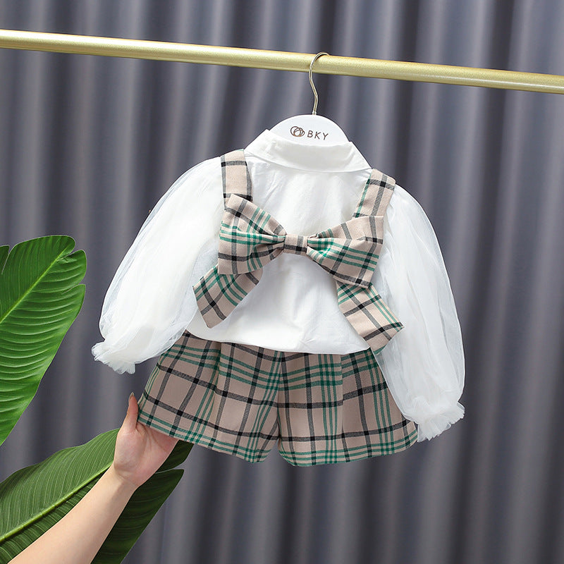 9months-6years Toddler Girl Sets Mesh Sleeve Shirt & Plaid Vest & Shorts Three-Piece Set Children's Trendy Suit Wholesale - PrettyKid