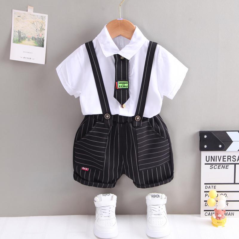 Toddler Boy Tie Decor Shirt & Plaid Suspender Shorts - PrettyKid