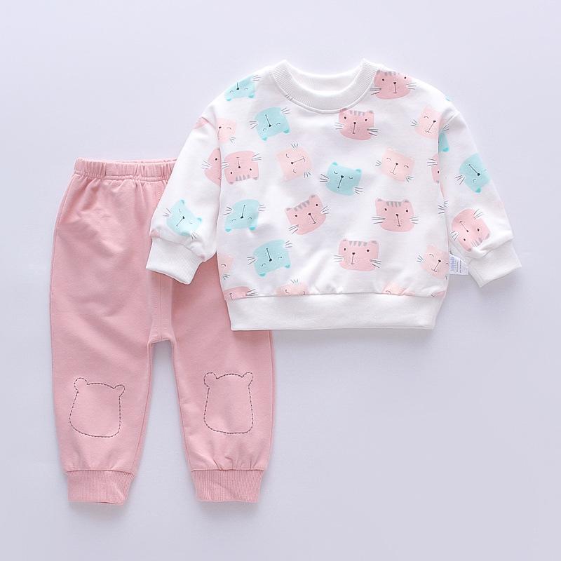 bulk buy baby vests Baby Girl Cat Print Long Sleeves Pajamas Top & Pants - PrettyKid