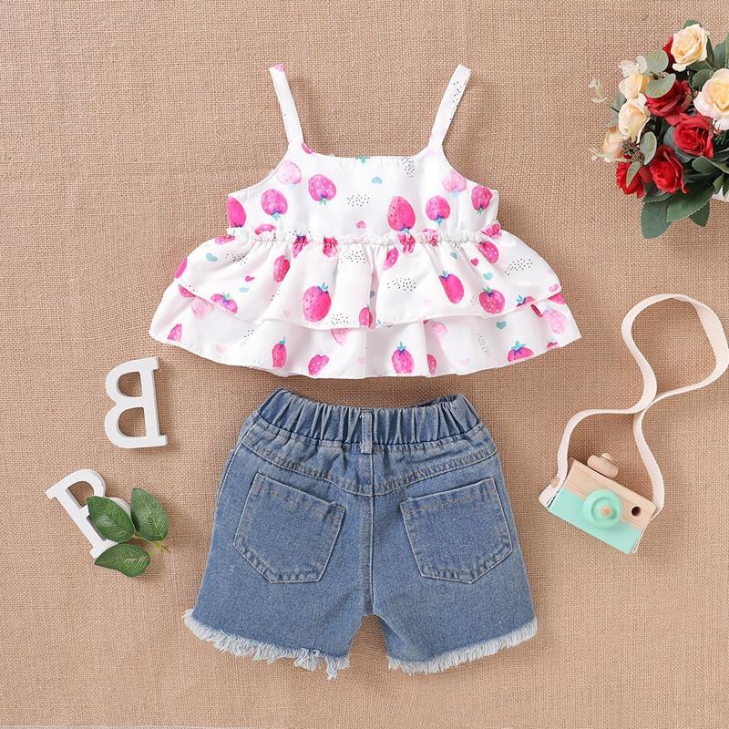 Toddler Girl Strawberry Print Cami Top & Denim Shorts - PrettyKid