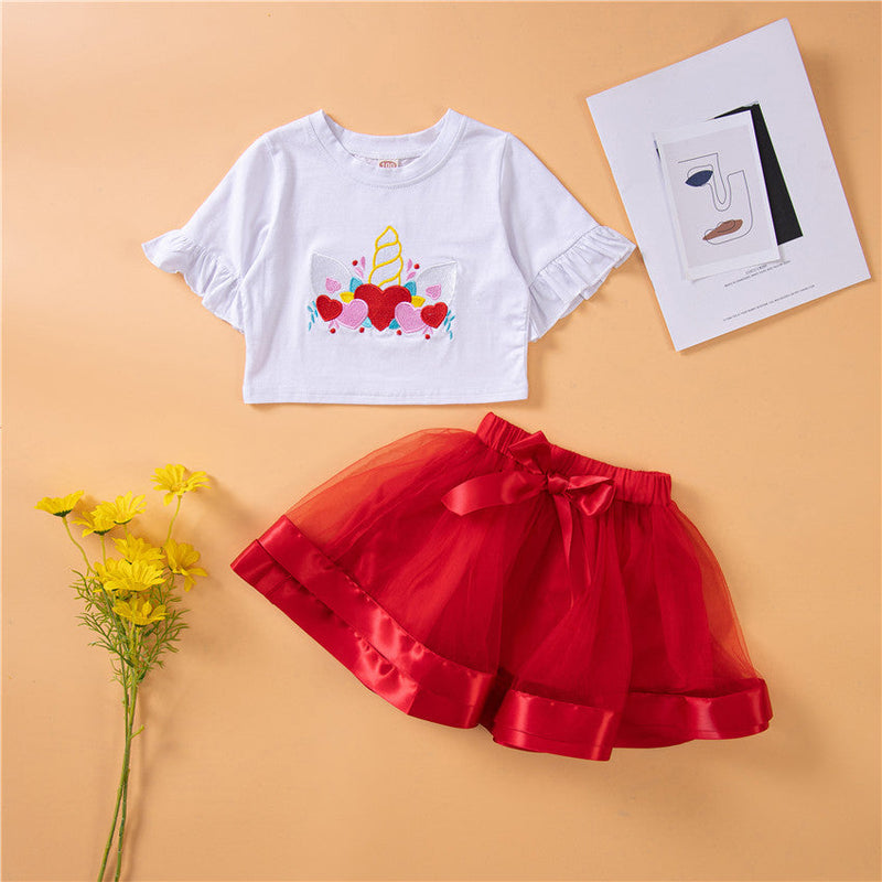 2-7years Toddler Girl Sets Cute Embroidered Unicorn Top & Mesh Skirt Wholesale Little Girl Clothing - PrettyKid