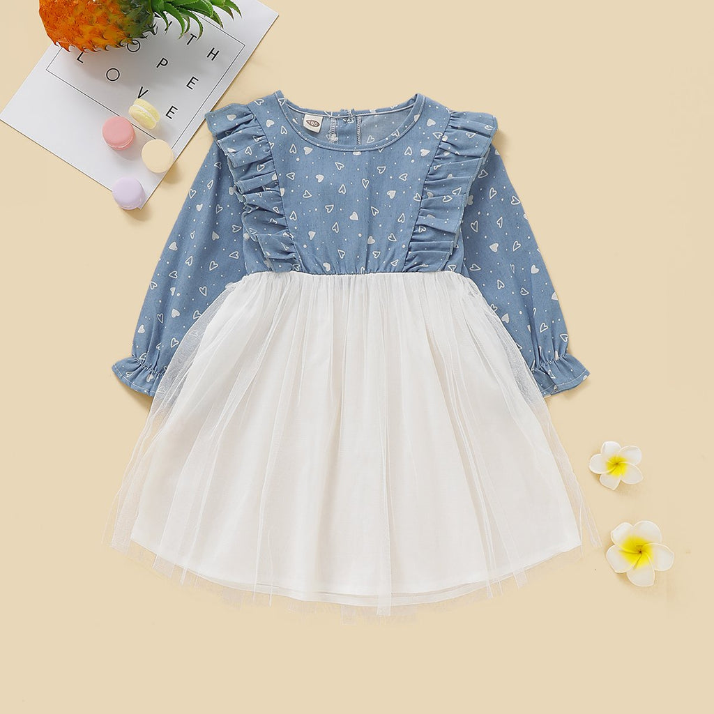 Toddler Girls Long Sleeve Denim Princess Dress Flare Sleeve Lace Dress - PrettyKid