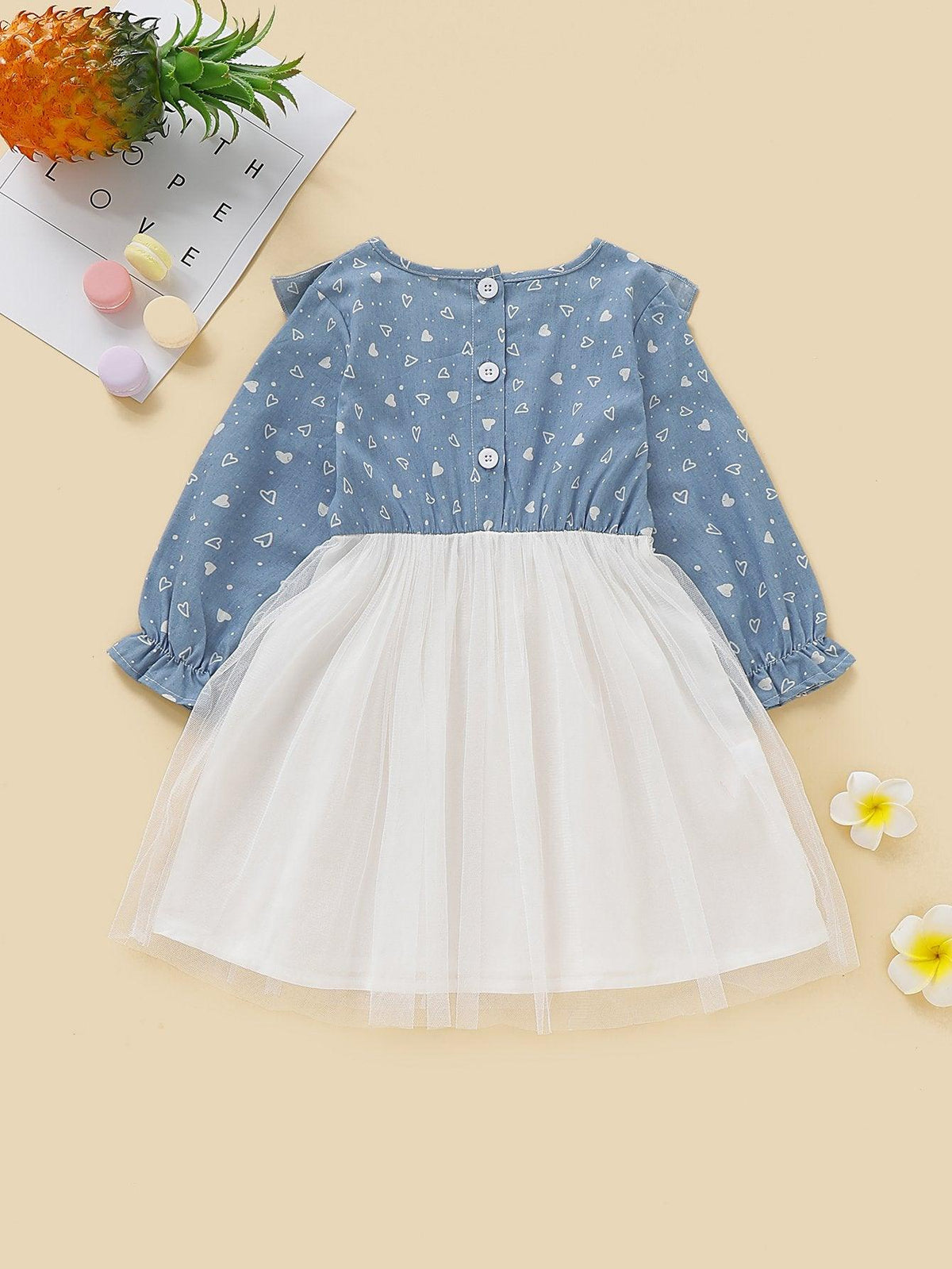 Toddler Girls Long Sleeve Denim Princess Dress Flare Sleeve Lace Dress - PrettyKid