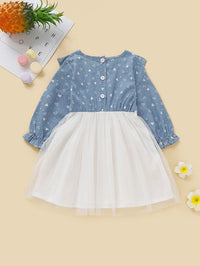 Toddler Girls Long Sleeve Denim Princess Dress Flare Sleeve Lace Dress - PrettyKid