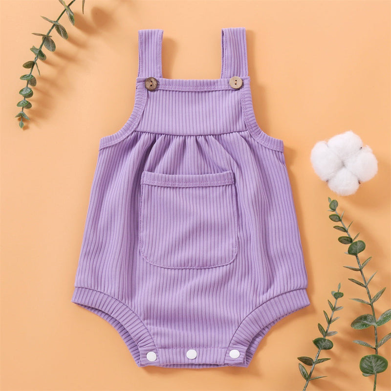 Baby Girl Solid Color Ribbed Suspender Bodysuit Baby One Piece Jumpsuit - PrettyKid