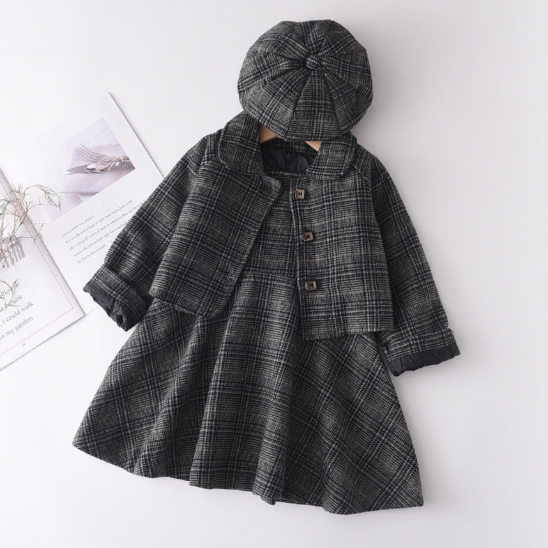 3 Pieces Plaid Button Jackets And Tank Dresses And Berets Wholesale Girls Clothes Sets - PrettyKid