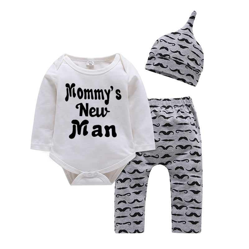 Baby Boy Letter Print Bodysuit And Mustache Pants And Hat Baby Outfit Sets - PrettyKid