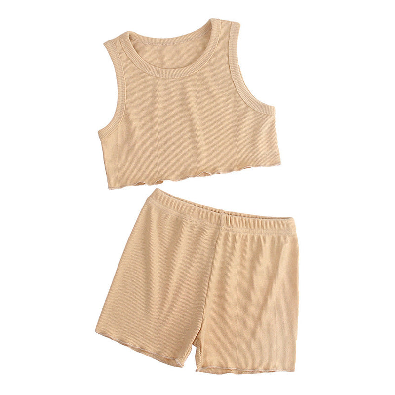18months-6years Girls Crop Top Sets Sleeveless Solid Color Cropped Tank Shorts Wholesale Girls Clothes - PrettyKid