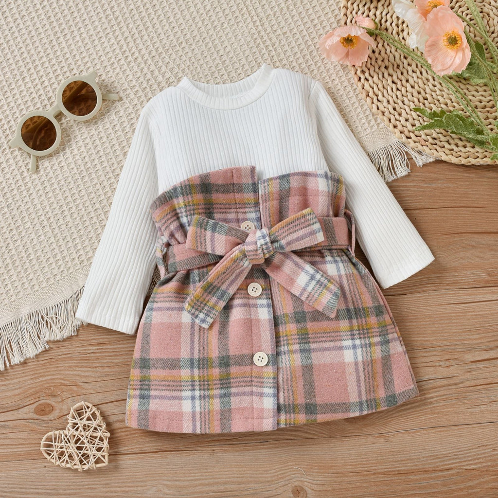 Check Print Stitching Bow Baby Girl Winter Dresses - PrettyKid