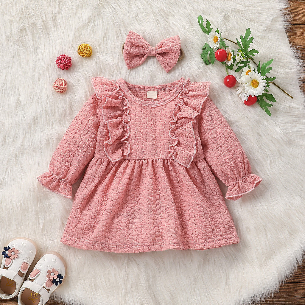 Baby Girls Pink Seersucker Ruffle Dress With Headband Wholesale Baby Clothes - PrettyKid