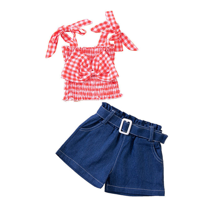 2-7years Toddler Girl Sets Plaid Bow Suspenders & Denim Shorts Wholesale Girls Clothes - PrettyKid